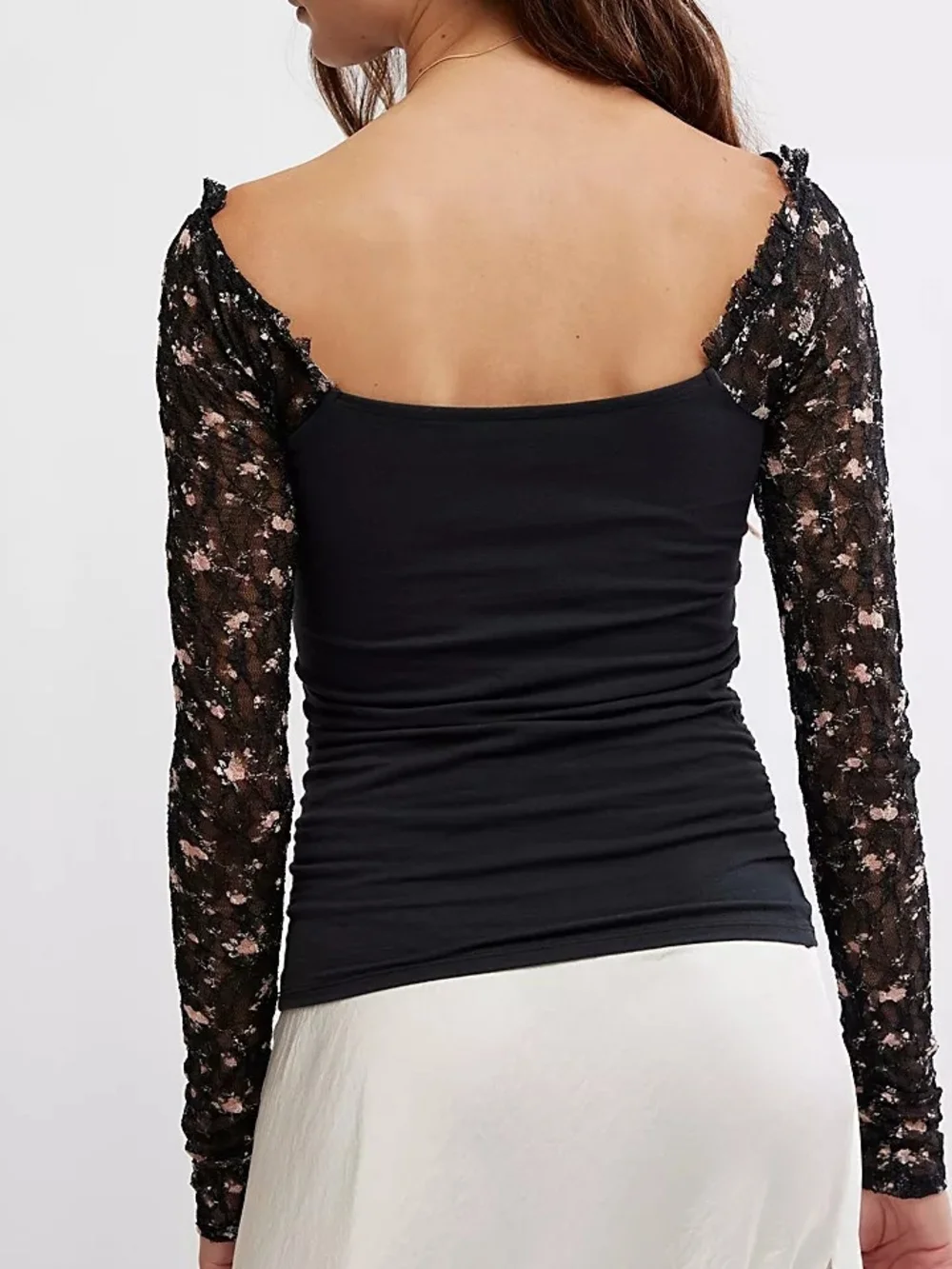 Free People Josie Floral Square Neckline Lace Long-Sleeve Top In Black - M